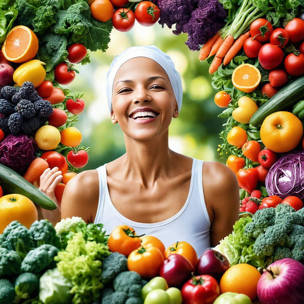 A vibrant collage of a joyful cancer survivor celebrating with fresh vegetables and fruits surrounding them, symbolizing healthy eating. The background features a sunlit garden, signifying growth and vitality, with a soft focus on blooming flowers representing hope and resilience. Emphasize light, warmth, and positivity. super-realistic. vibrant colors. bright background.