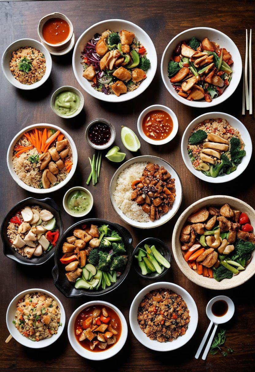 A colorful display of a variety of nutritious dishes from Panda Express, including vibrant stir-fried vegetables, grilled chicken, and quinoa bowls, all artistically arranged on a wooden table. Soft natural lighting emphasizes the freshness of the ingredients, with a subtle background hinting at an Asian-inspired ambiance. Include a pair of chopsticks and a small bowl of sauce for visual interest. super-realistic. vibrant colors. rustic style.