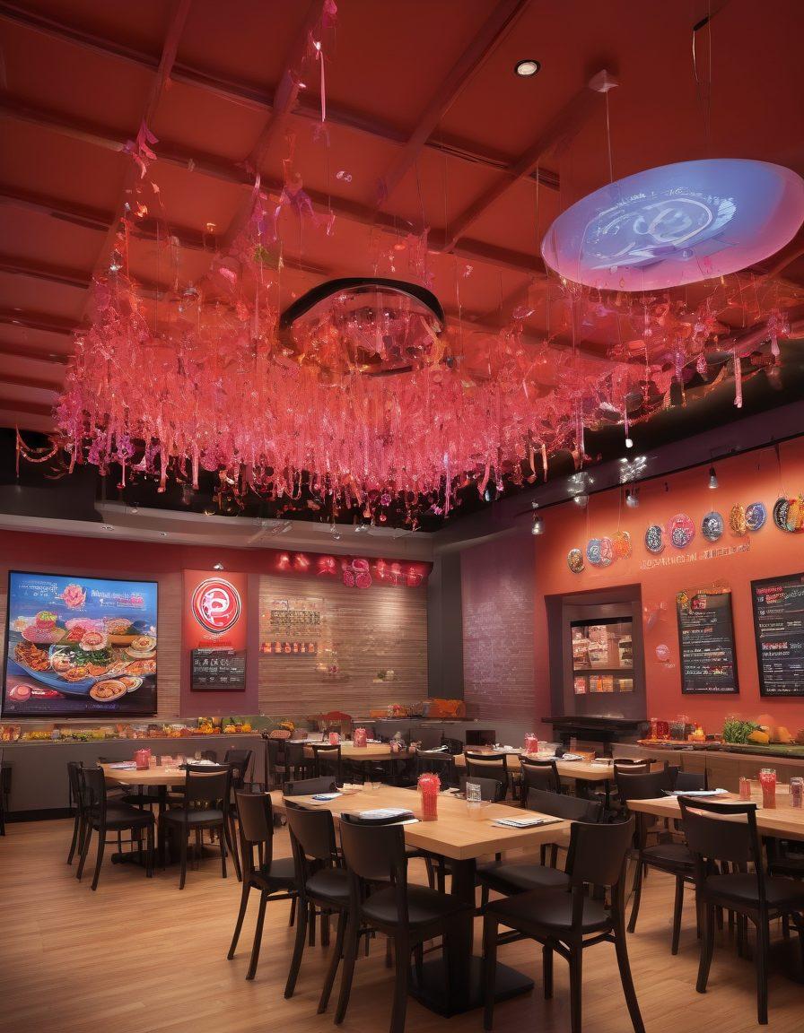 A vibrant scene of a Panda Express restaurant adorned with cancer awareness ribbons in various colors, featuring a diverse group of people enjoying healthy meals together. Include fresh, colorful vegetables and fruits on the tables, with a backdrop of uplifting quotes about hope and health on the walls. Bright lighting to evoke a warm, inviting atmosphere. super-realistic. vibrant colors. 3D.